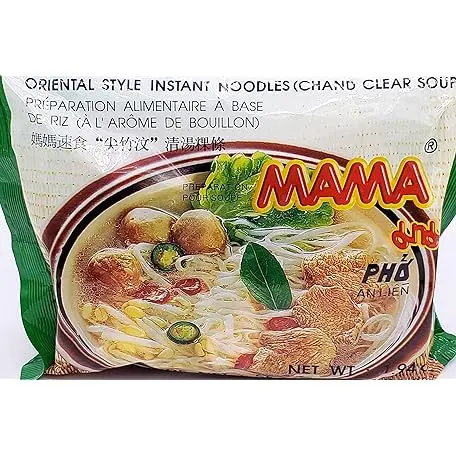 MAMA Oriental-Style Instant Rice-Based Pho Ramen Noodles - Low-Calories, Ambient Pantry Food with Salt, Spicy Shrimp, Fish Sauce