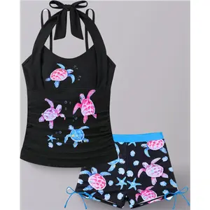Teen Girls Halter Neck Tankini Swimsuit - 2 Piece Bathing Suit with Adjustable Straps, Summer Beach Swimwear for Ages 7-16