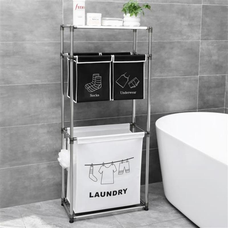 2-3 Tier Laundry Hamper with Removable Fabric Bins, Freestanding Laundry Sorter Organizer with Hooks, Foldable Sorting Basket for Bedroom, Bathroom & Dorm (3-Tier)