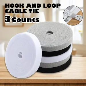 3 Counts Reusable Double-Side Hook Fastening Tape, Cable Ties Roll for Cord Management,Grey&Black&White