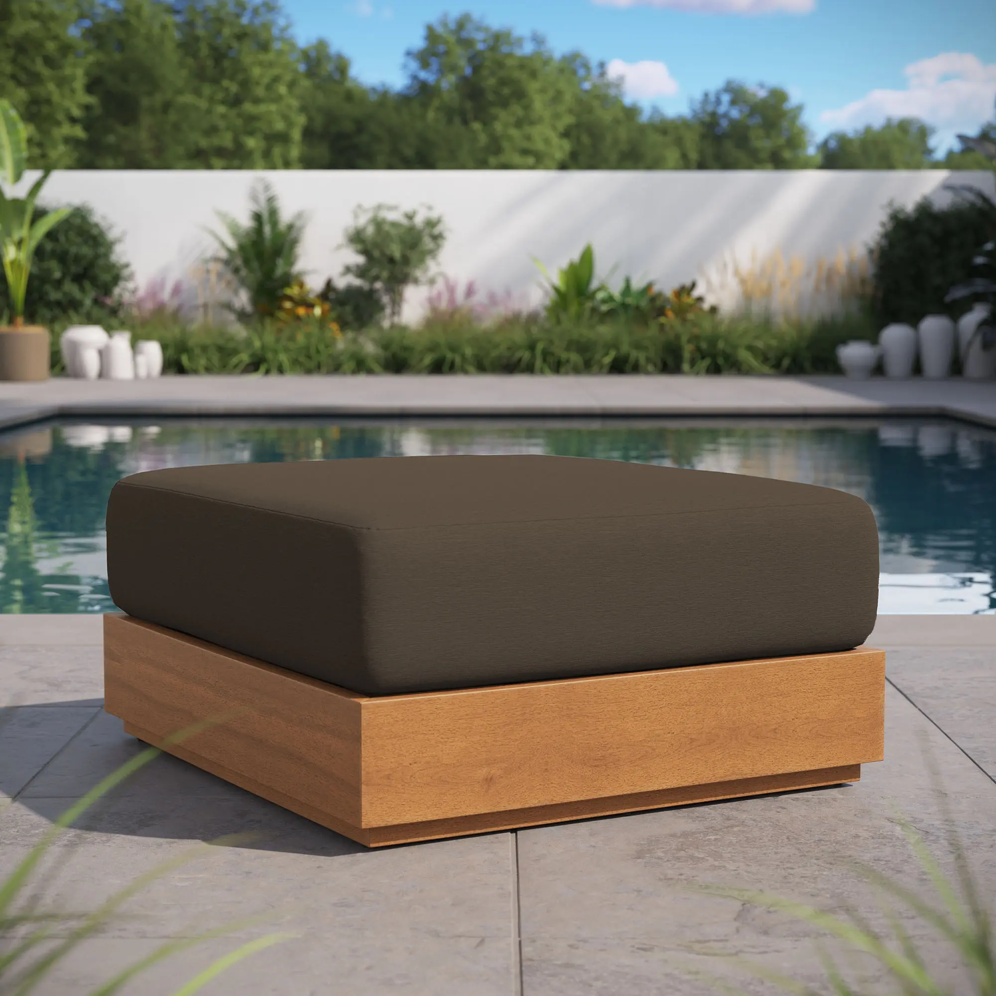 Tahoe Outdoor Patio Acacia Wood Ottoman in Natural Cocoa