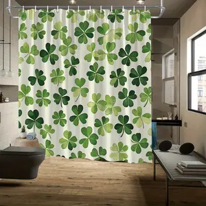 2D flat printed shower curtain, St. Patrick's Day clover shower curtain made of polyester material, machine washed, fade resistant, stylish bathroom decoration, green floral plant pattern, with 12 hooks, bathroom bathtub cover curtain