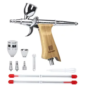 Bucasso Airbrush Kit, Air Brush Spray Gun with 0.2mm/0.3mm/0.5mm Needles/Nozzle Sets, 3cc/7cc/11cc Replaceable Fluid Cup for Painting Model Nails Cake Tattoo Makeup(Wood-01))