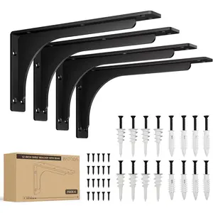 12" x 6" L Bracket with Beam - Shelf Brackets Black 300 Lbs Capacity - Heavy Duty Shelving Brackets for Floating Shelves - Wall Mounted Support for DIY – Mounting Hardware Included (Pack 4)