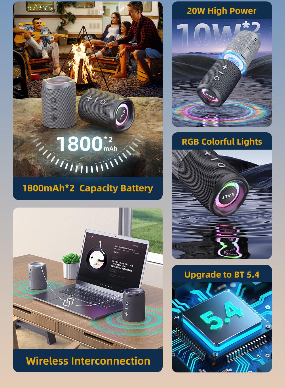 10W*2【ZEALOT】Portable wireless speaker, Magnetic Split speaker, RGB ambient light, outdoor Bluetooth speaker surround sound, TWS pairing,long battery life,supports USB/TF/AUX/BT smartphones. Ideal choice for family/car/party/camping/gift giving