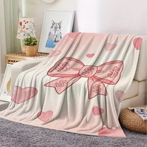 Pink Bow Dollar Sign Flannel Throw Blanket, Sweet Girl Rich Heart Blanket, Girls Home Sofa Blanket, Office Nap Blanket, Ideal Choice for Birthday and Holiday Gifts, All-Season Use