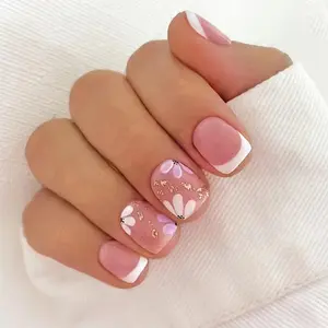 Tiny White Bloom Press On Nails | CurvLife Nail | 24pcs Medium Square Fake Nails | Glossy Finish with Subtle Pink & Gold Floral Accents | Easy to Apply, Comfortable & Long-Lasting | Ideal for Picnics, Garden Walks & Relaxed Brunch Dates