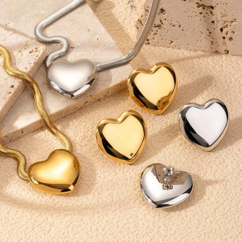 Chunky Heart Jewelry Set - Stainless Steel 18K Gold Plated Necklace & Earrings Hypoallergenic Water-Resistant Tarnish-Free Gold/Silver