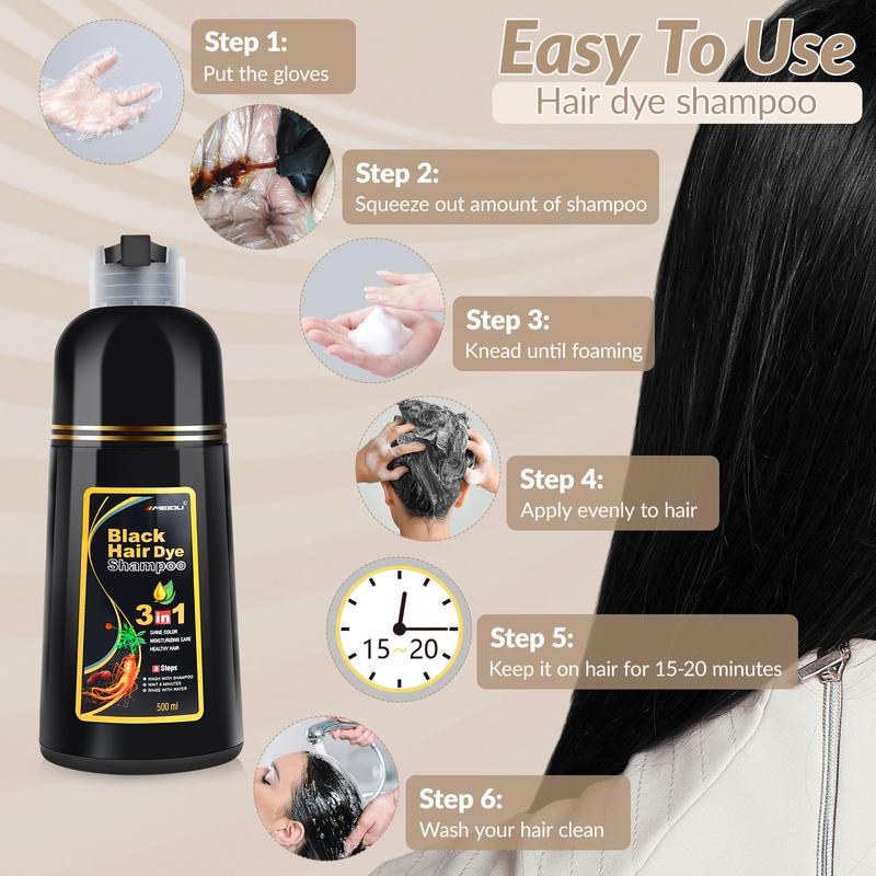MEIDU 3 in 1 Hair Dye Shampoo - Can cover gray hairs,Herbal Ingredients,Contains Ginseng Extract,Natural Haircoloring, black hairdye