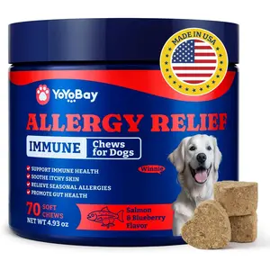 Dog Allergy Relief Chews of YoYoBay – 70 Soft Treat Chews, Salmon & Blueberry Flavor - Immune Support & Itch Relief with Colostrum, Astragalus Root, 6-Strain Gut Health Blend