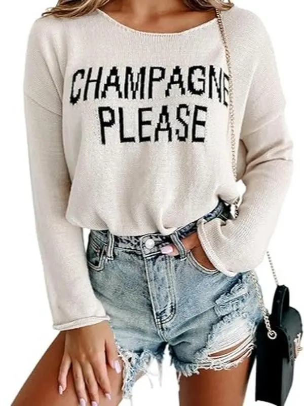 LEMAFER Women's Champagne Pattern Sweater Casual Slogan Round Neck Long Sleeve Pullover Top