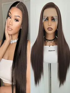 26 Inch Dark Brown Synthetic Lace Front Wig Long Straight Chocolate Brown Wigs Pre Plucked Natural Hairline Heat Resistant Fiber Wig for Fashion Women Party Daily Use Festival