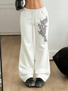 Gothic Dragon Graphic Flared Sweatpants, Y2K High Waist Baggy Wide Leg Pants, Grunge Streetwear Casual Trousers, 90s Retro Hip Hop Lounge Pants for Women