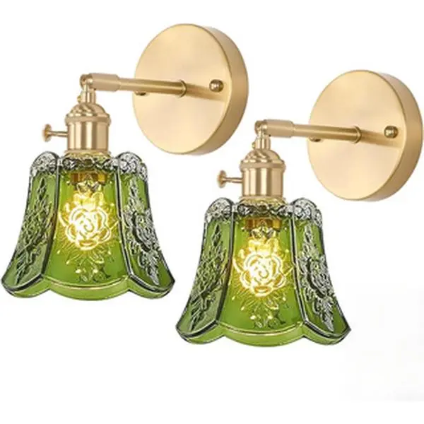 Vintage Battery Operated Wall Sconces Set of Two, Wireless Battery Powered Rose Wall Sconce with Remote Control, RGB Dimmable LED Wall Light for Bedside Bathroom Living Room (Green)