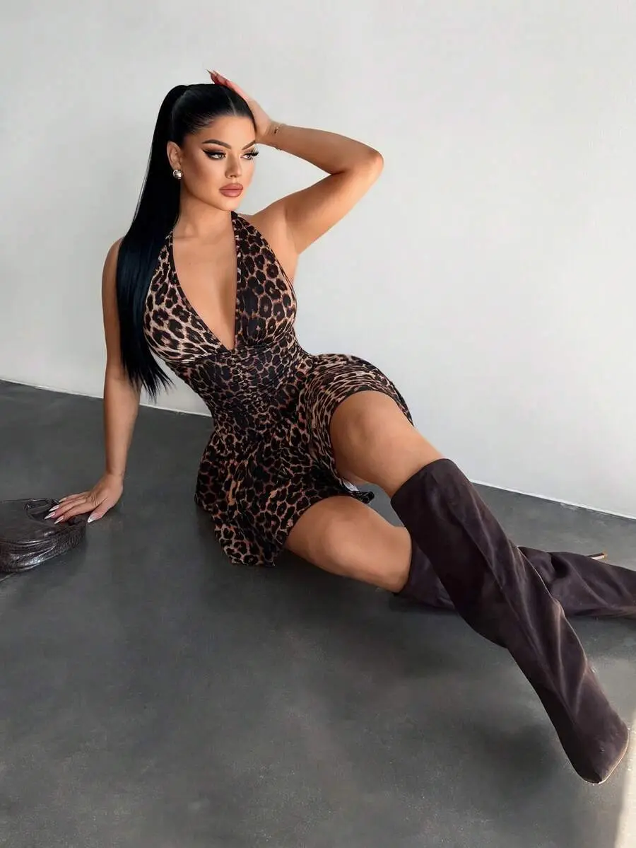 EasDoing Women's Formal Curvy Vintage Leopard Print Halter Sleeveless Mini Dress - Deep Plunge V-Neck, Open Back, Center Waist Ruched Shaping, Double Tier Ruffle Hem, Stretchy Fabric, Above Knee Bodycon Fit for Night Club, Boudoir
