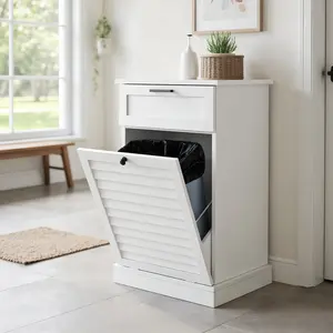 Loomie White Tilt Out Laundry Hamper Cabinet with Laundry Storage Basket, Trash Can Cabinet with Shutter Front & Drawer, Hidden Garbage Can Bin Cabinets for Bathroom Kitchen