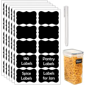 180Pcs Chalkboard Labels for Jars, Waterproof Reable Blackboard Stickers with 1 Liquid Chalk Markers, Organization Labels Removable (Black, Wavy)