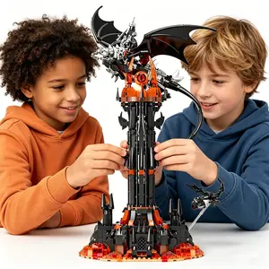 Dark Dragon and Magic Tower Castle Building Blocks Set, Ideal for Ages 12+, Unisex, with LED Lights, Stunning Display Effect