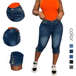 High Waist Denim Capris for Women - Casual Cropped Jeans with Buttons