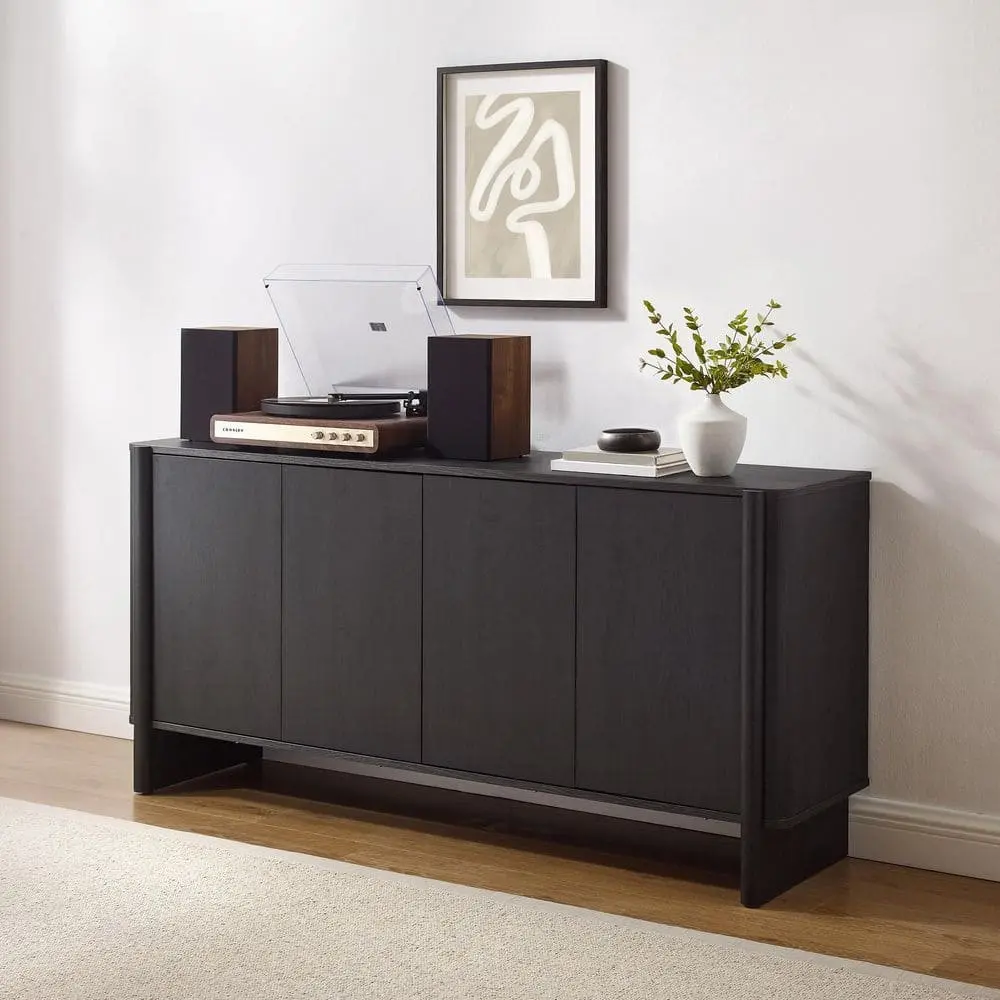 Wesley Minimalist Black MDF Sideboard Cabinet (KF33044BK) - 16.5x29.88x63 in. Single Unit, MDF Top, Adjustable Shelves, Pre-Cut Cable Management, Push-To-Open Flat-Front, Rounded Corners, Modern Indoor Cupboard
