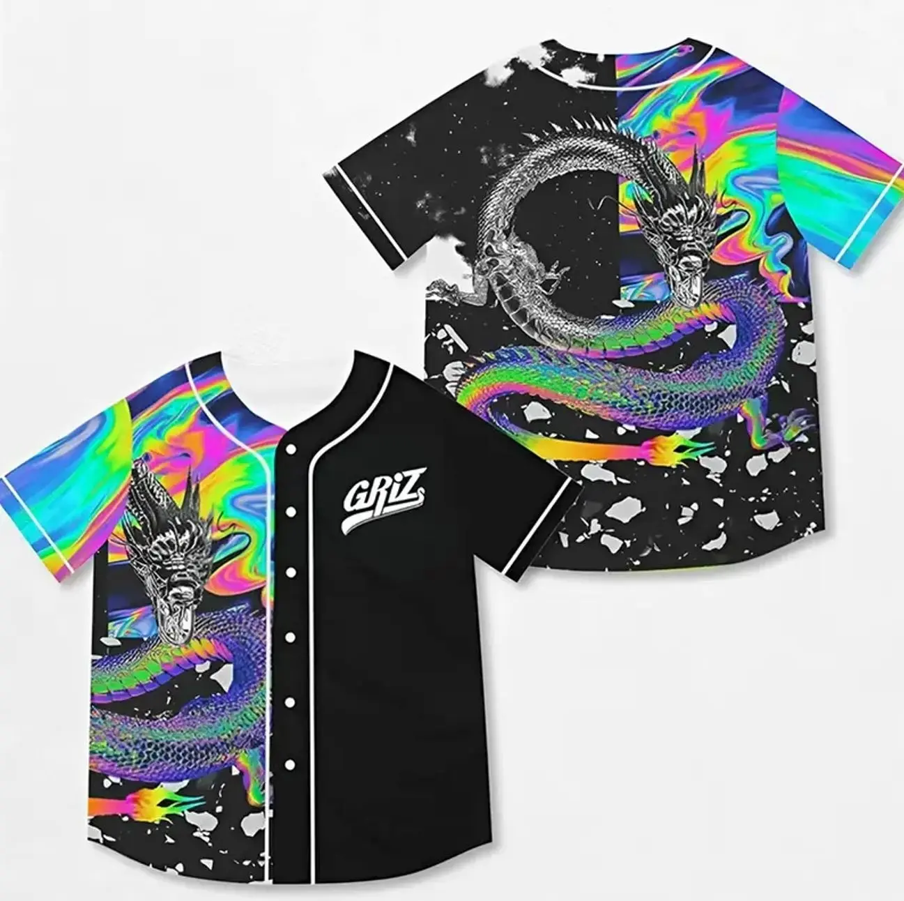 GRiZ Dragon Print Baseball Jersey, Unisex EDM Festival Shirt, Breathable Party Outfit, 420-Inspired Gift for Music & Baseball Fans