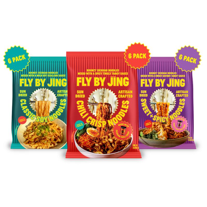 Fly By Jing Instant Noodles Variety Pack 18 Pack – 3 Flavors: Chili Crisp, Sweet + Spicy & Classic Soy – Savory, Mild to Spicy, Vegan & Non-GMO