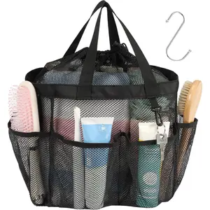 Mesh Shower  Portable with Drawstring, S Hook - 8 Deeper Pockets 2 Handles College Dorm Room Essentials for Girls Guys, Shower Bag  for Camping Gym Travel Toiletry Bathroom, Black