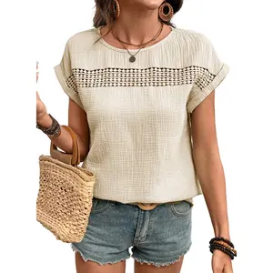 Dokotoo Womens Summer Tops 2026 Crewneck Short Sleeve Hollow Out T-Shirts Casual Loose Solid Color Blouses Shirts