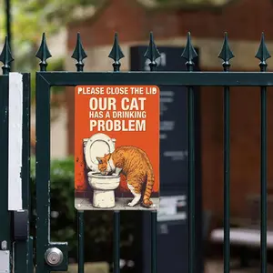 1pc 8x12 Inch Humorous Cat Drinking from Toilet Metal Wall Art - "Please Close the Lid" Funny Bathroom Sign, Durable Washed Metal Mural for Home, Cafe, Farmhouse Decor - Unique Gift for Cat Lovers, Cats Decor, Indoor Outdoor Art, Playful Design