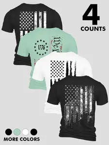 Men's Printed Round Neck T-Shirt Set of 4, Plain Basic T-Shirts, Casual Streetwear Summer Fashion, Comfortable Daily Wear, Versatile Style, Top