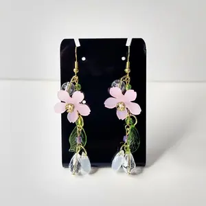 #516 Cherry Blossom Pink Flowers with Green Leaves and White, Clear, Light Green & Light Purple Beads Dangle Earrings, Casual, Flowers, Spring, Acrylic