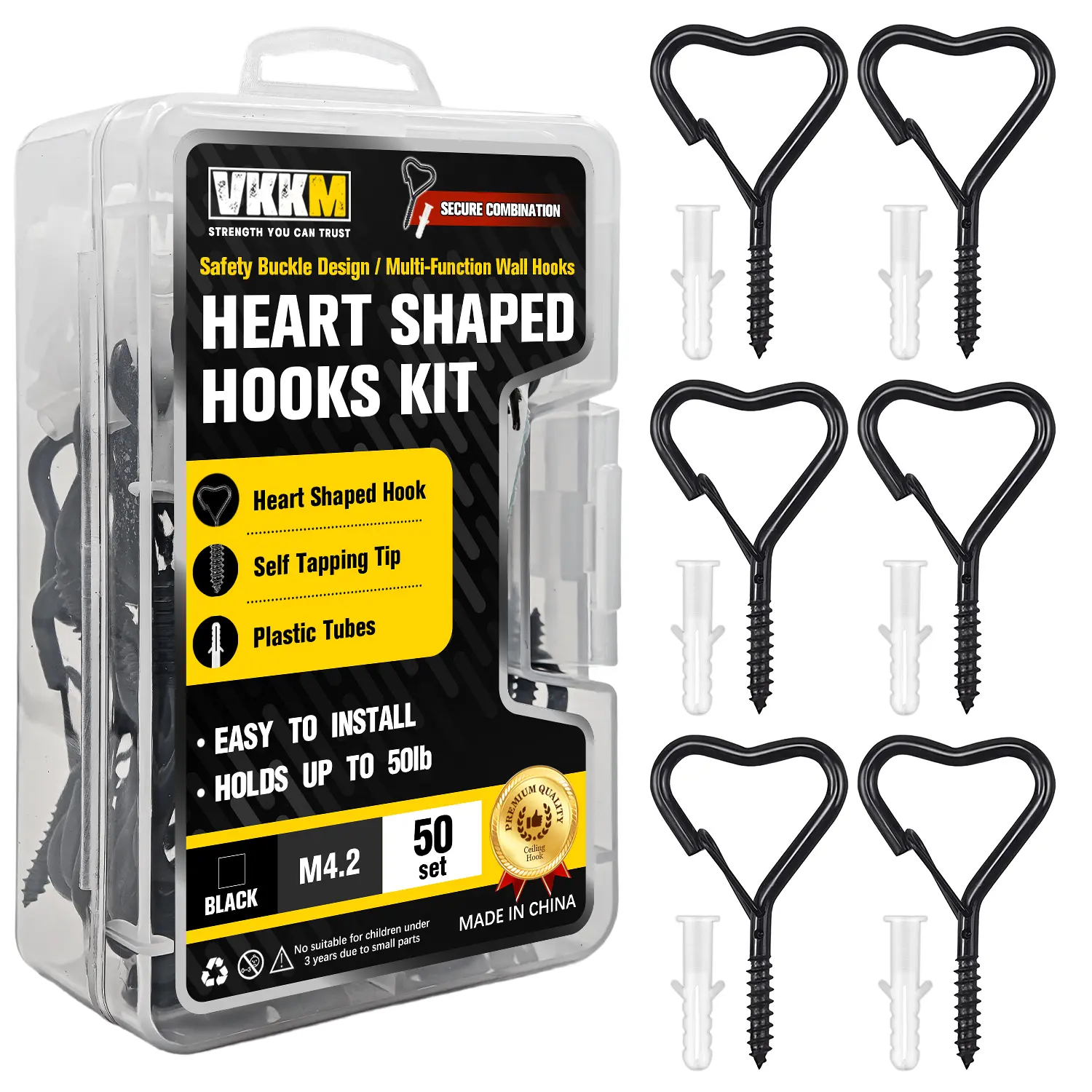 VKKM 50-Set Heart Shaped Thick Metal Safety Screw Hooks Kit with Wall Anchors, 50lb Load Capacity Black Anti-Drop Wall Mount Hooks (M4.2, Self-Tapping Tip) for Wood Surfaces, Hanging Plants & Decor