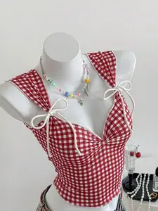 Plaid Sleeveless Top For Women With Sweetheart Neckline And Knotted Front Christmas