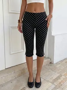 2026 Coquette Y2K Polka Dot Lace Trim High Waist Slim Fit Capri Leggings Women, High Waisted Leggings, Soft Stretch Comfort Fabric Side Slit Casual Streetwear Summer Daily Workout Lounge Pants Outfits, Perfect for Summer & Vacation Wear