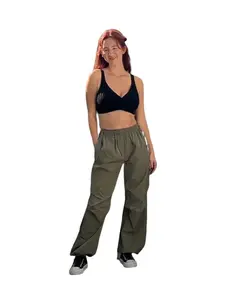 Lisa Lisa Green Cargo Jogger with Elastic Wast, Pockets and Rip Cord Drawstrings Parachute Pants by I TOO Army Green Bottoms Women Sporty Comfortable