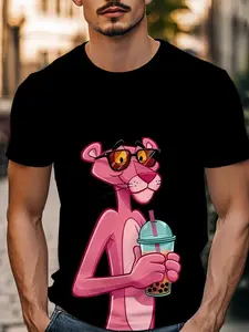 Panther Drinking Milk Tea T-Shirt, Men's Cartoon Print Short Sleeve, Casual Long Loose-Fit Top, Trendy Milk Tea Style