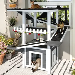 4-Tier Outdoor Cat House, Cat Tree Tower Outdoor, Weatherproof Cat Shelter, Feral Cat House Enclosure with Waterproof Roof, 2 Doors, Multi-Level Cat Condo with Balcony, Outdoor Cat Enclosure for Small Cats