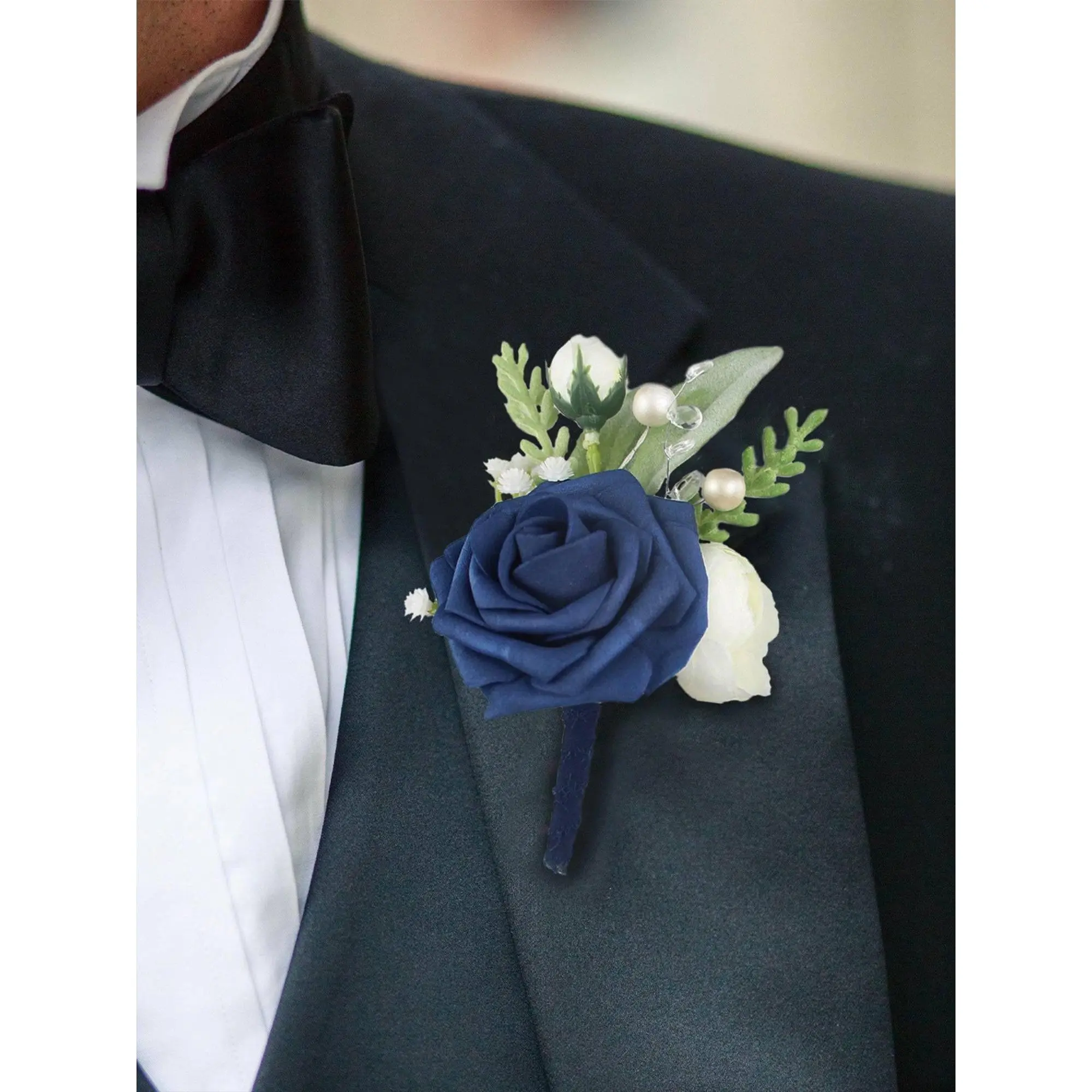 Rinlong Navy Blue Floral Boutonniere - Decorative Silk Foam Flowers with Greeneries, 5"d x 1"w x 1"h, Blue Wedding Theme Ornament, Home Festive Supply