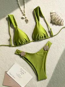 2pcs/Set Summer Vacation Metallic Solid Color Thick Strap Golden Scallop Decor Triangle Bikini Top And High Cut Swimsuit Bottom, Sexy Swimwear