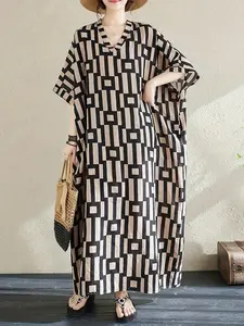 New Summer Autumn Vintage Floral Pattern Plaid Vacation Style Casual Travel V-Neck Medium-Length Dress for Women