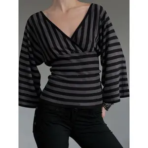 Women's Striped Cross V-Neck Slim-Fitting Casual Blouse Top, Long Sleeve Flare Sleeves, Spring & Fall Fashion Top