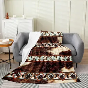 Western Plush Throw Blanket Cowhide Cow Print Retro Fur Flannel Blanket Throw Boho Rustic Farmhouse All Season Exotic Geometric for Couch Bed Sofa Browm and Beige Bedroom Decor