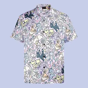 Eevee Eeveelution Hawaiian Shirt with Pokemon Motif - Chrismast Gift for fan, him, husband - Collar, Menswear, Fabric, Loose, Wood Button Pikachu