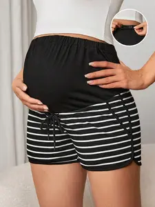 Maternity Striped Adjustable Drawstring Waist Shorts