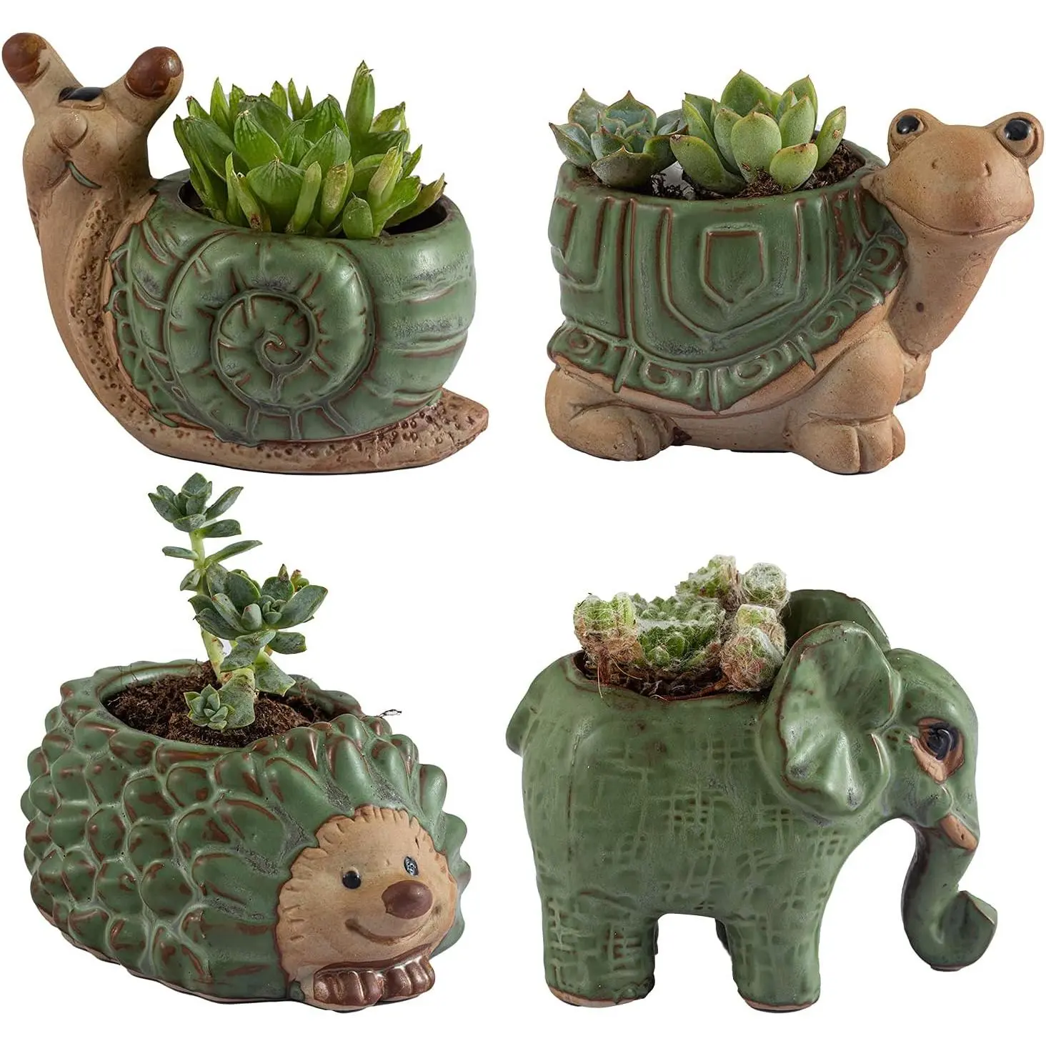 Ceramic Animal Succulent Pots, 4-Piece Set with Drain Holes, Cute Indoor-Outdoor Planters for Cacti & Bonsai, Home Office Desk Decor Gift