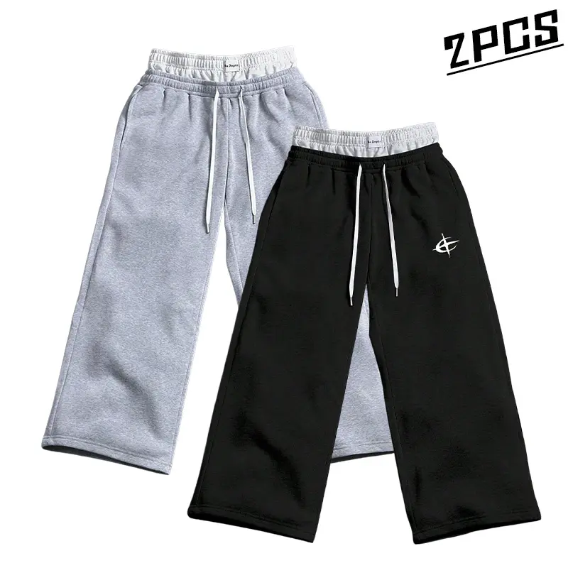 Men’s two-piece sweatpants set with a faux two-piece design from streetwear brands; street-style casual wear featuring soft, skin-friendly, breathable fabric. Clean faux two-piece patchwork design—pairs well with any top; loose wide-leg fit that conceals