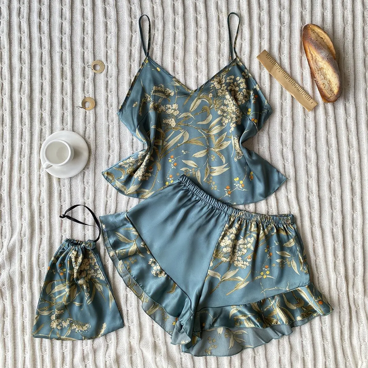 2pcs Plus Size Cami Set with Cherry Print Loose Fit Lounge Wear Robe and Shorts Machine Washable All Season Cozy Sleepwear