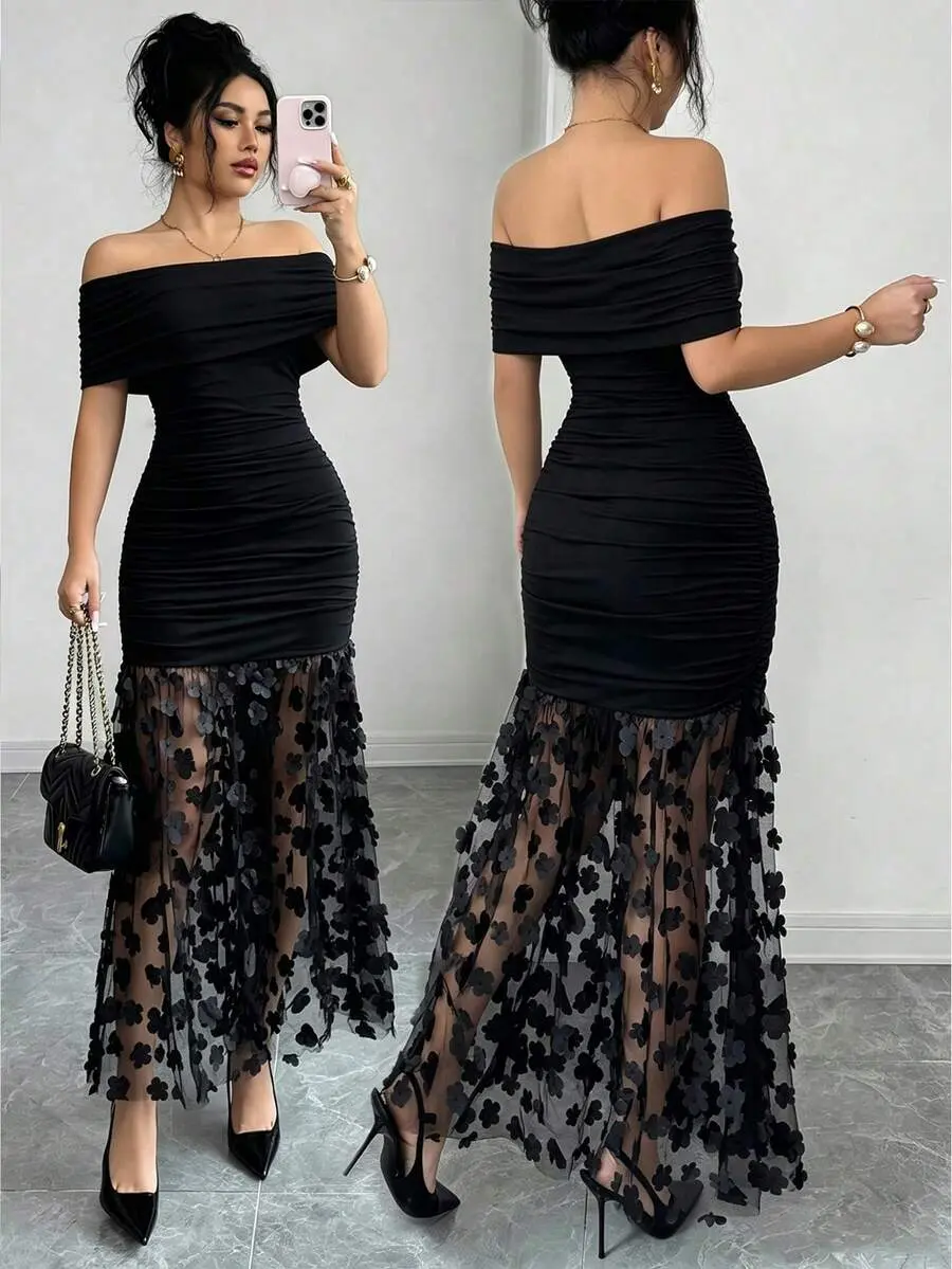 Summer New Women's Off-Shoulder Black Fitted Long Dress With 3D Floral Design Elegant Party Dress
