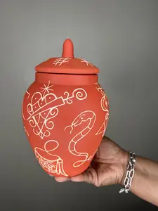 Kwich for Spiritual Needs Red Ceramic Jar with Vèvè Symbols and Lid Bottles Organiser for Rituals
