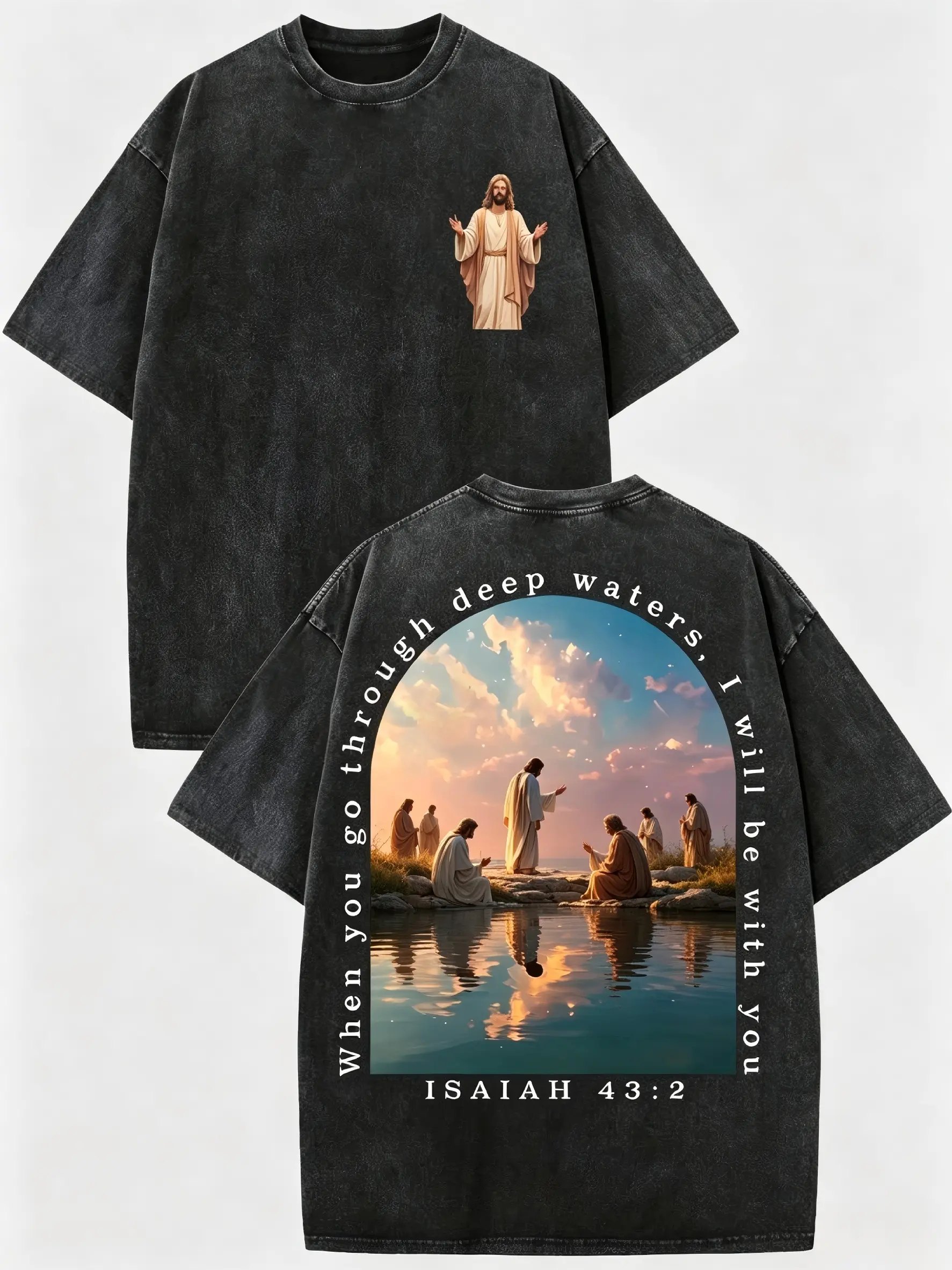 Vintage Acid Washed Black Christian Tee with When You Go Through Deep Waters Quote, Lakeside Jesus Print & Isaiah 432 Verse, Faith-Based Shirt